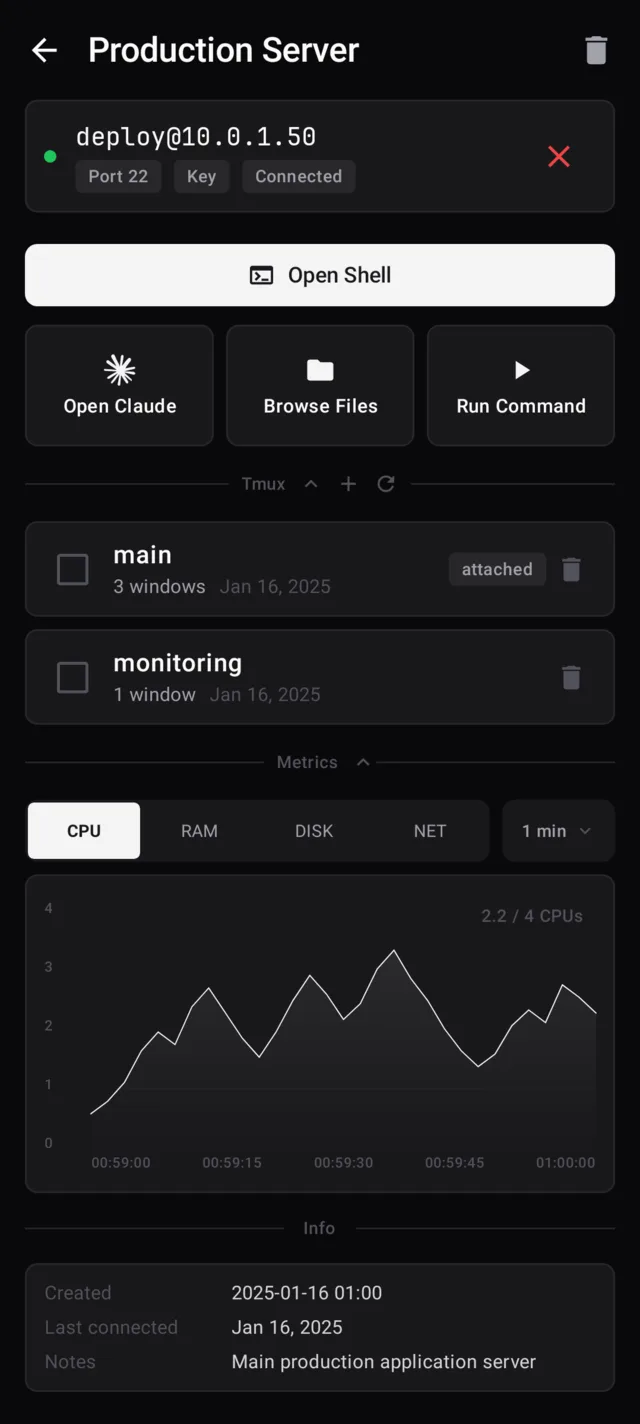 SSHoo host detail screen with sessions and actions