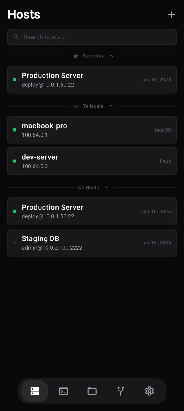 SSHoo host management screen