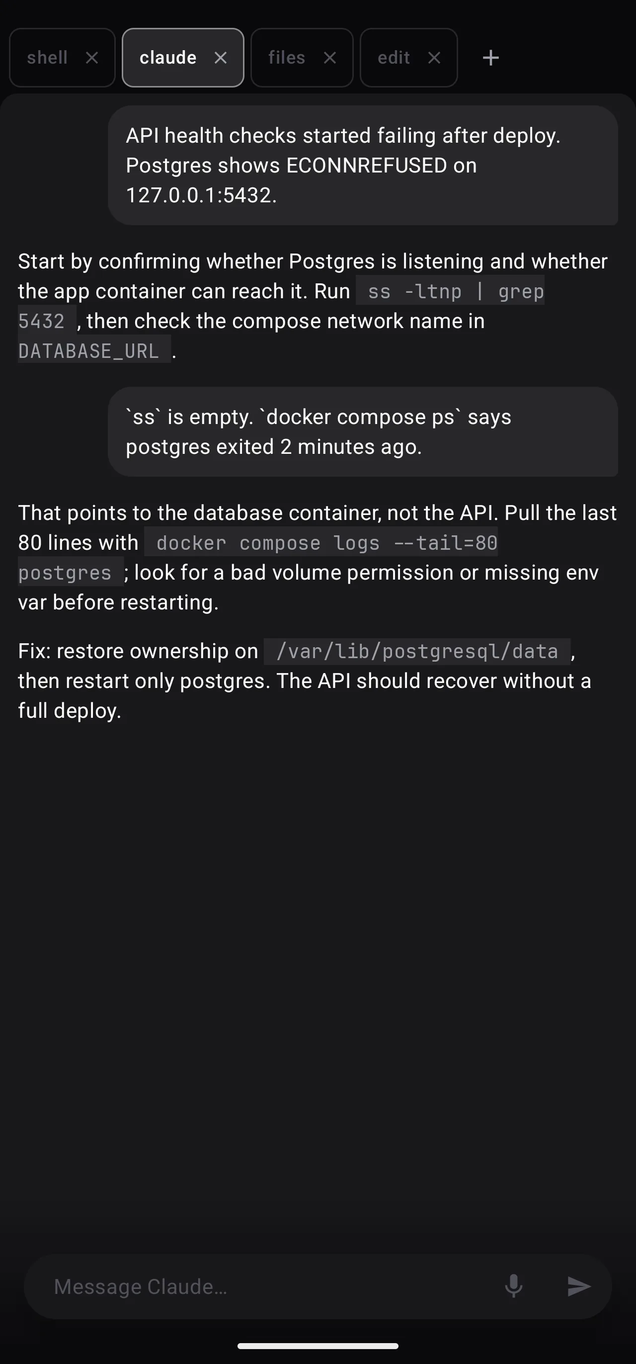 SSHoo Claude chat tab discussing a production error