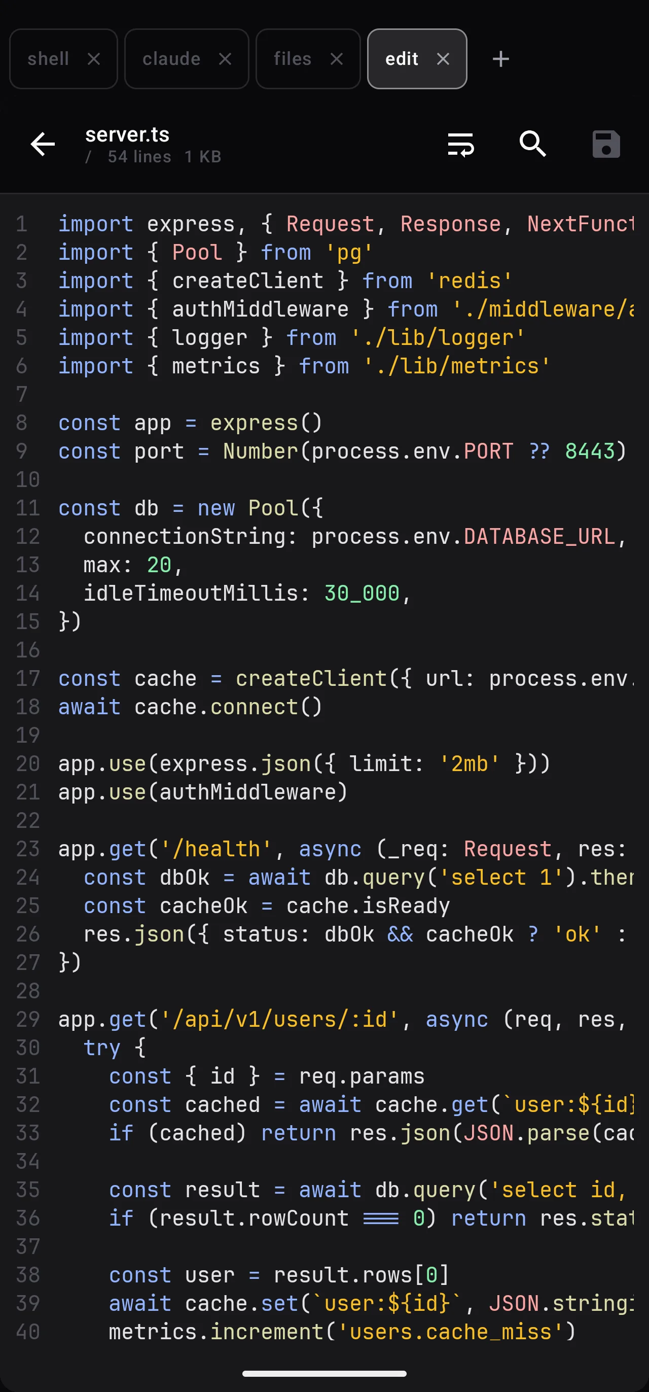 SSHoo file editor tab showing application code