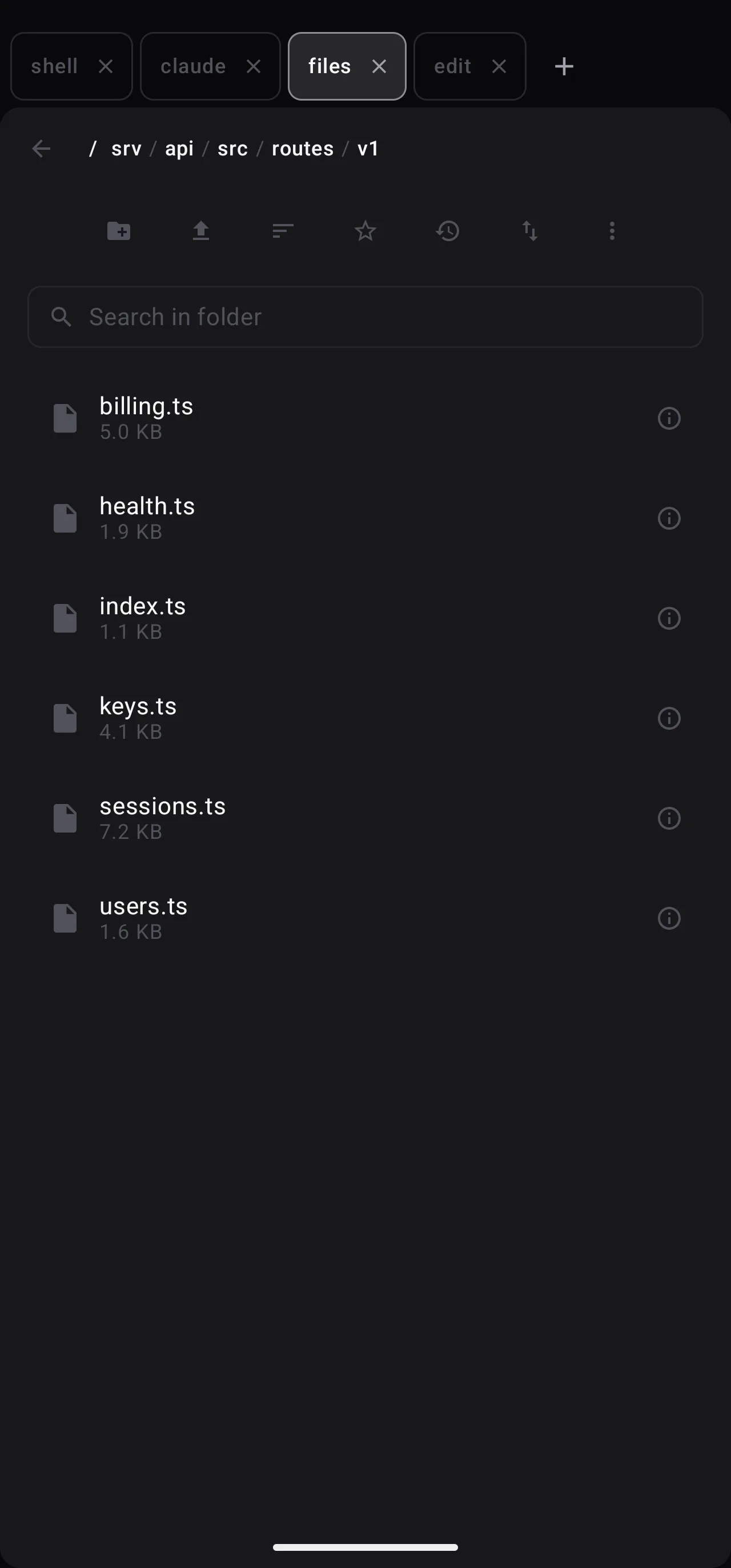 SSHoo file list tab browsing a remote project